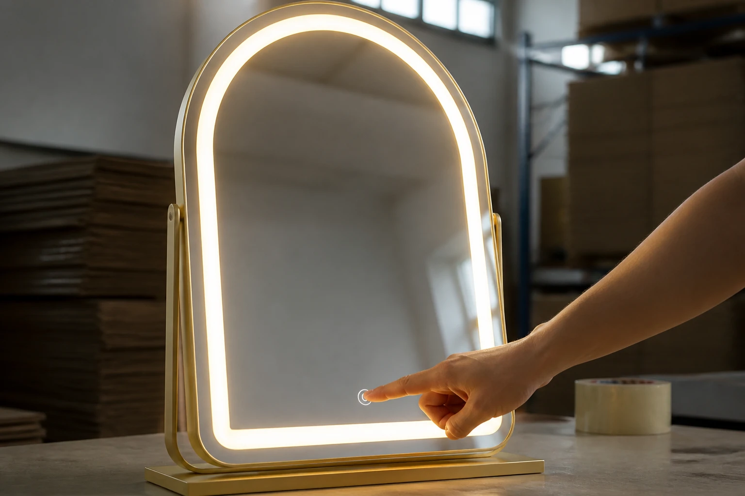 A large gold arched LED mirror on the packing bench, lit, with a hand pressing the touch sensor