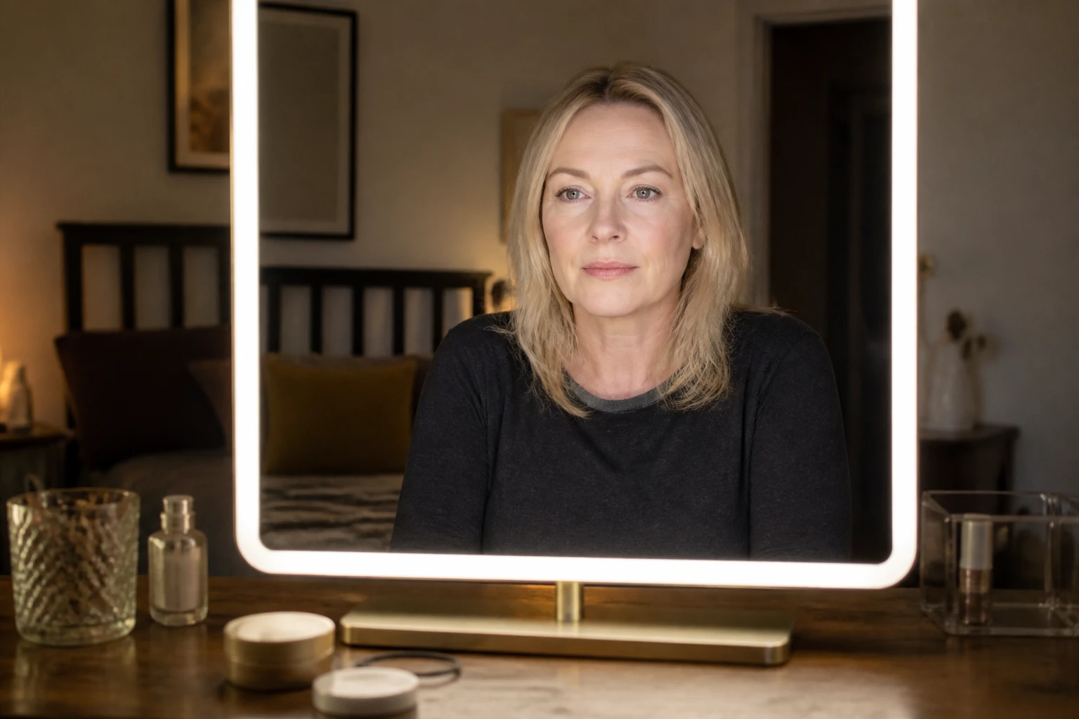 The same task at a dressing table, face lit evenly from the front by an LED vanity mirror