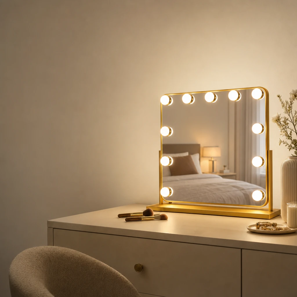 Lit Hollywood vanity mirror on a dressing table