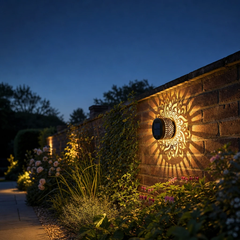 Solar garden wall light at dusk