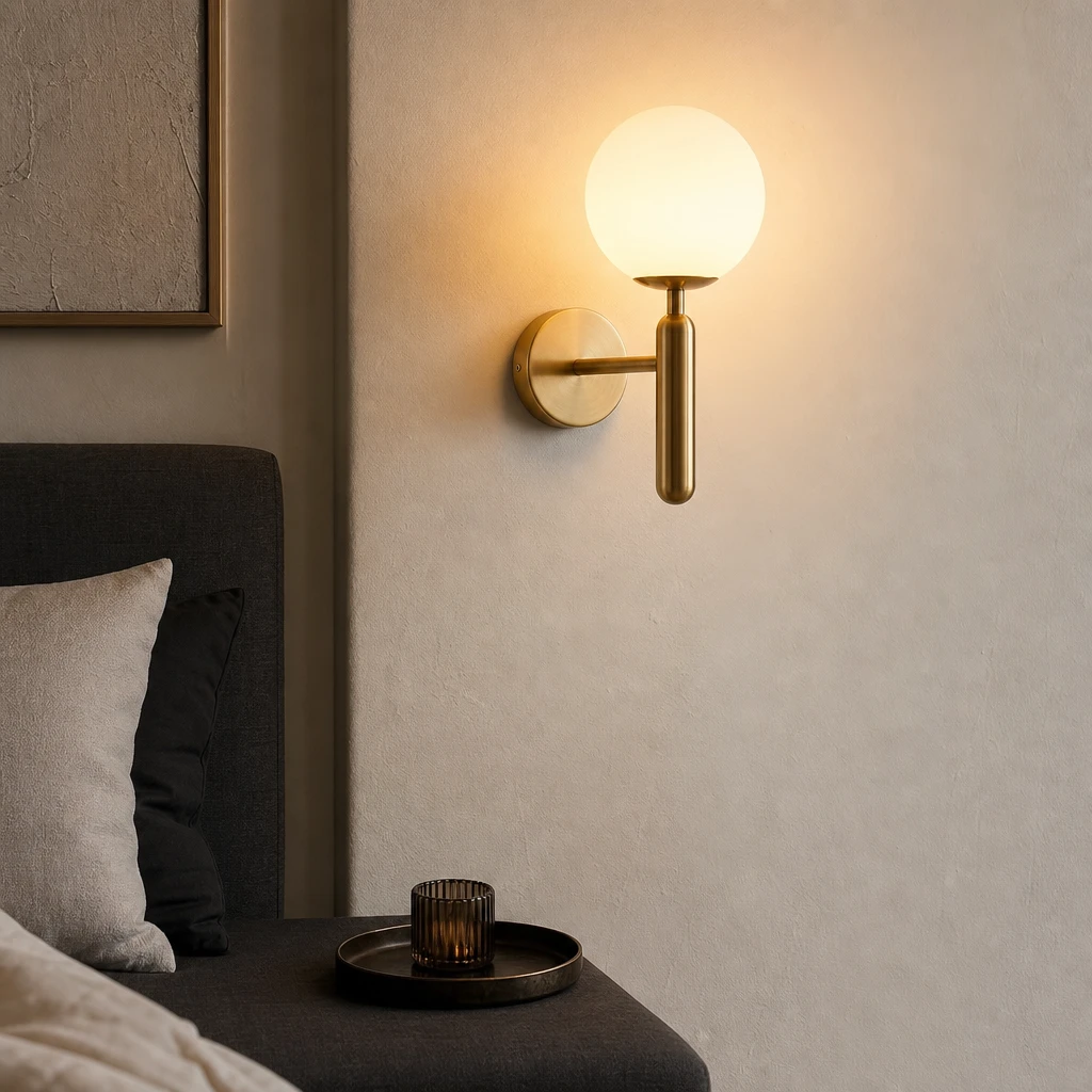 Brass wall sconce with opal glass globe
