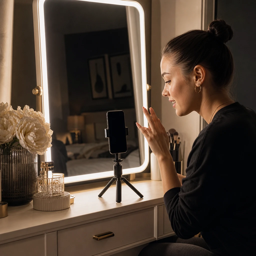 Filming a beauty video lit by a vanity mirror