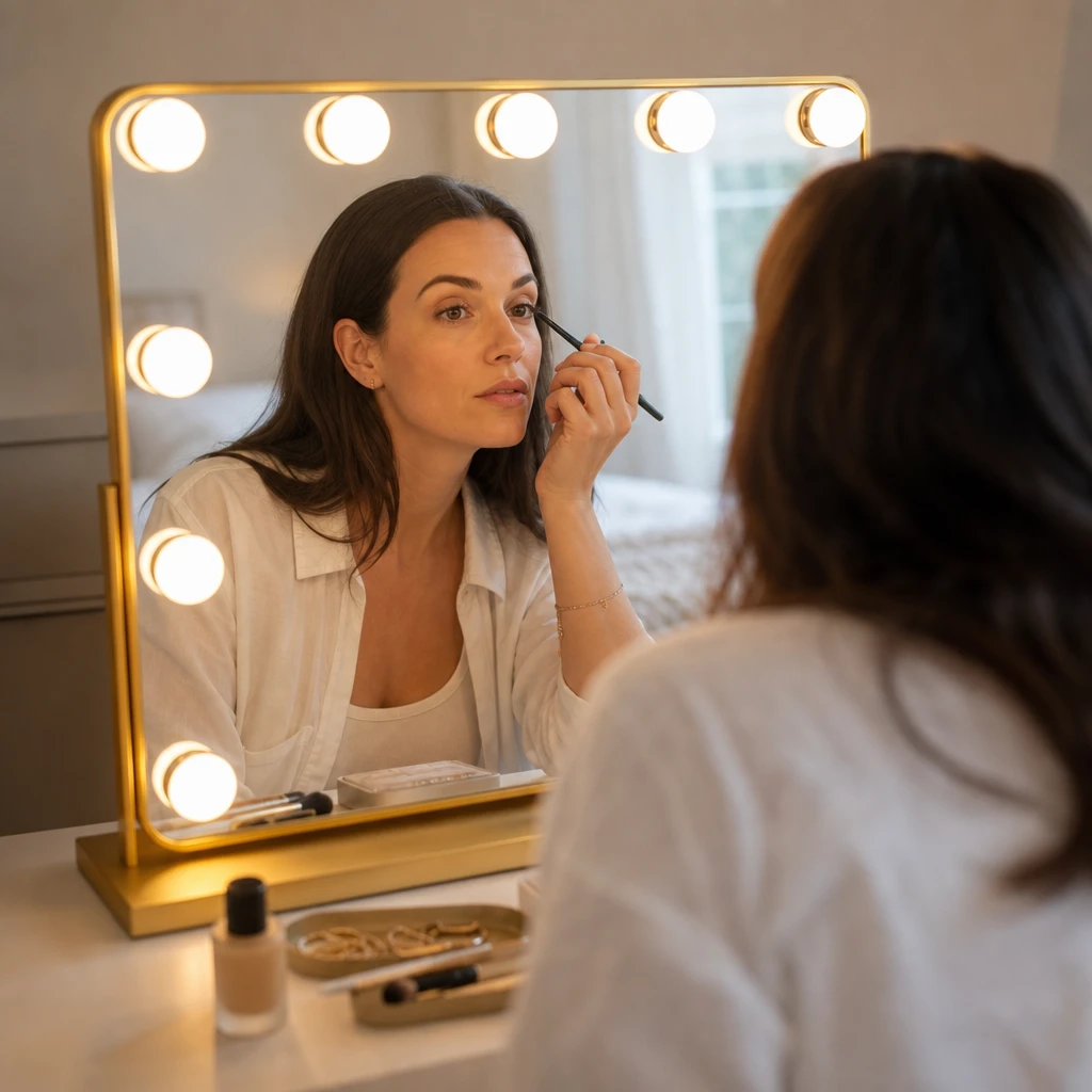 Applying eye makeup at a lit vanity mirror
