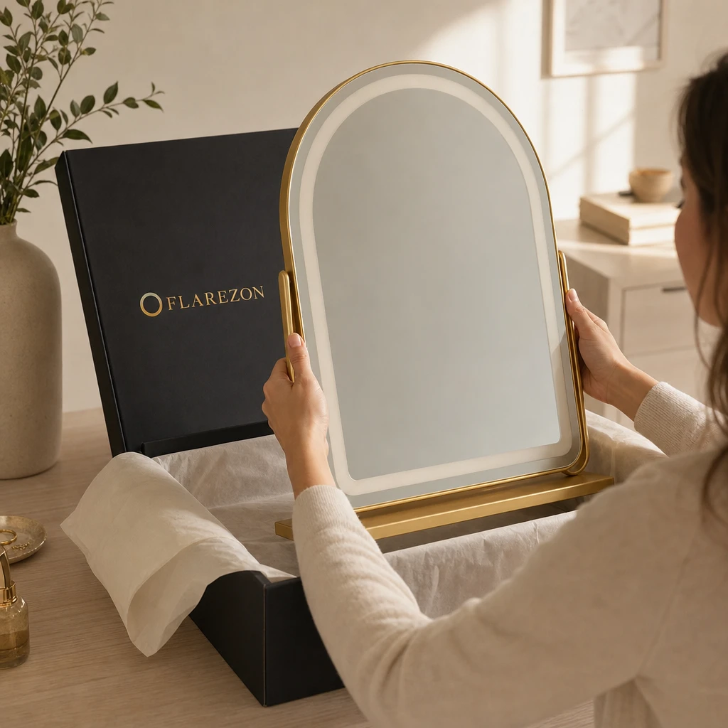 Lifting a gold arched mirror from a Flarezon box