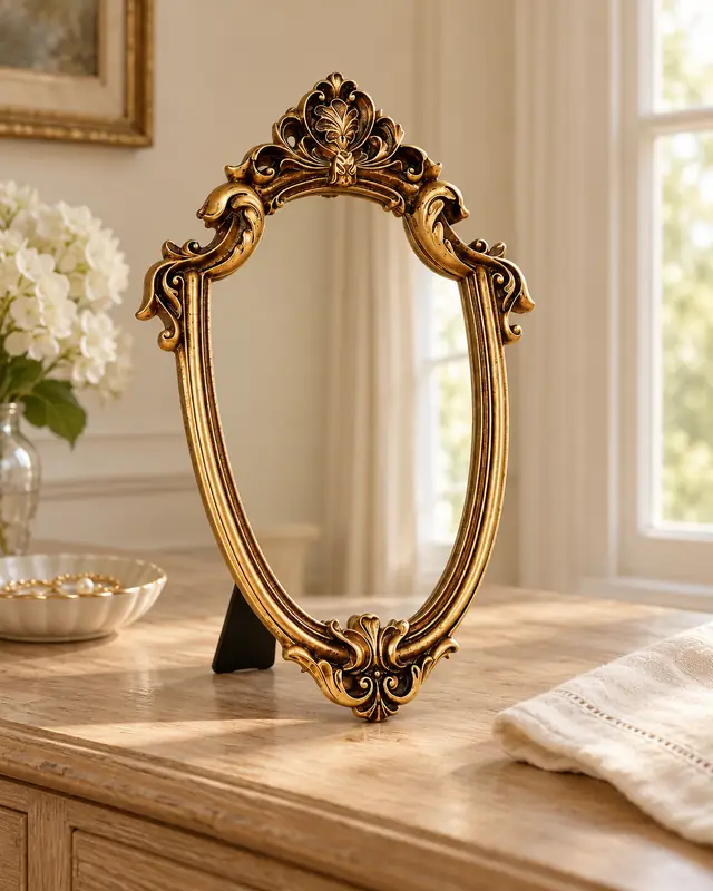 Ornate gold tabletop mirror in a softly lit room