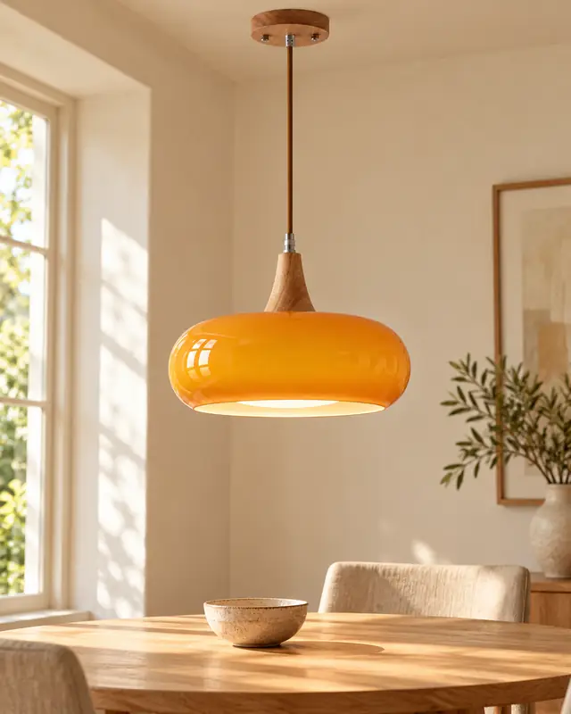 Amber pendant light over an oak dining table