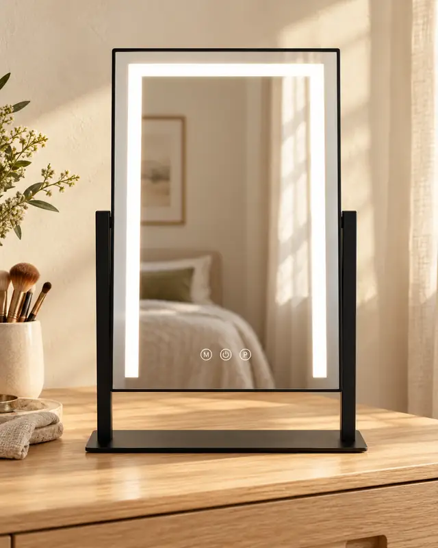 Black LED vanity mirror on an oak dressing table