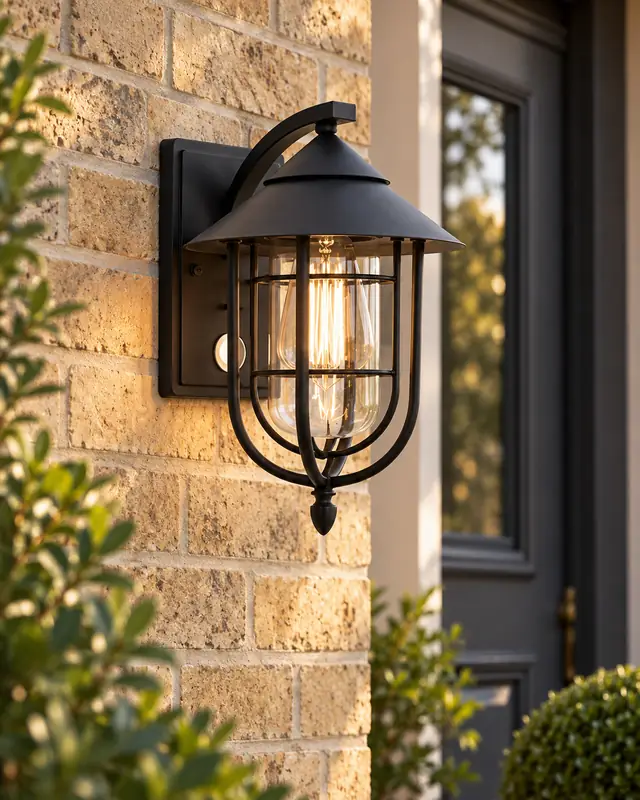 Black porch lantern beside a British home entrance