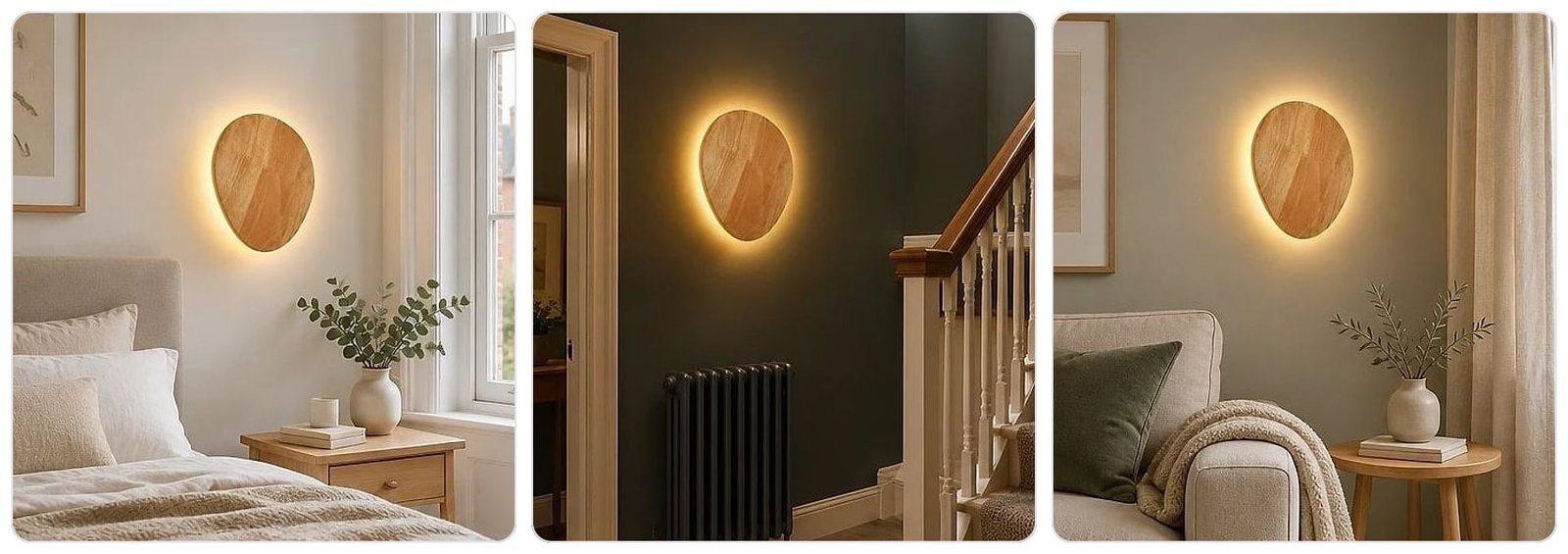 Haluun Japandi Wooden Backlit Wall Light, shown in use at home