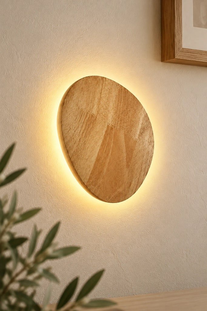 Haluun Japandi Wooden Backlit Wall Light, materials and construction detail