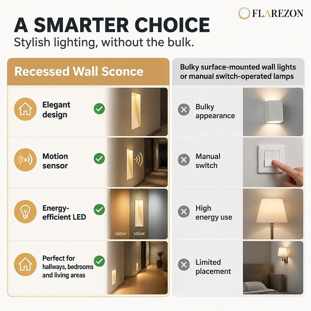 Lumenby Motion Sensor Recessed Wall Sconce, compared with the usual alternative