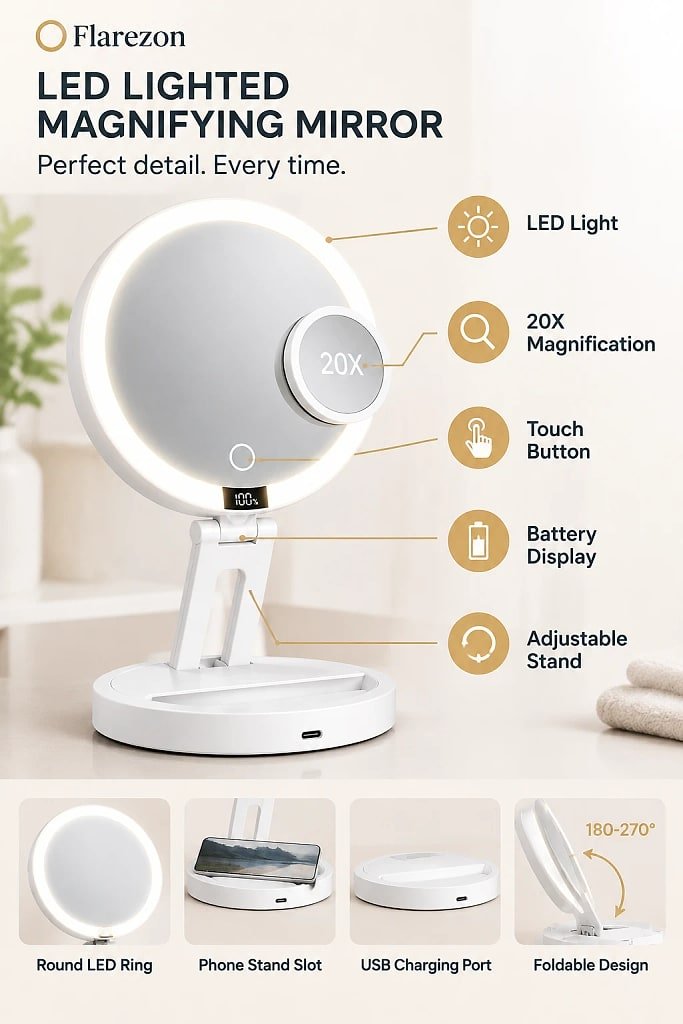 Lumetra 20X Magnifying LED Mirror, materials and construction detail