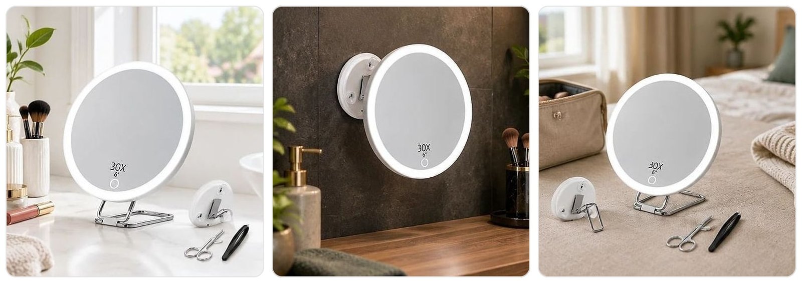 Lumetta 30x Magnifying LED Mirror, shown in use at home