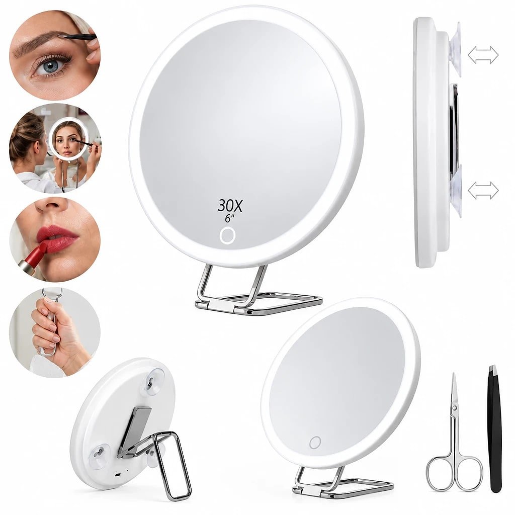 Lumetta 30x Magnifying LED Mirror, close-up of the main features