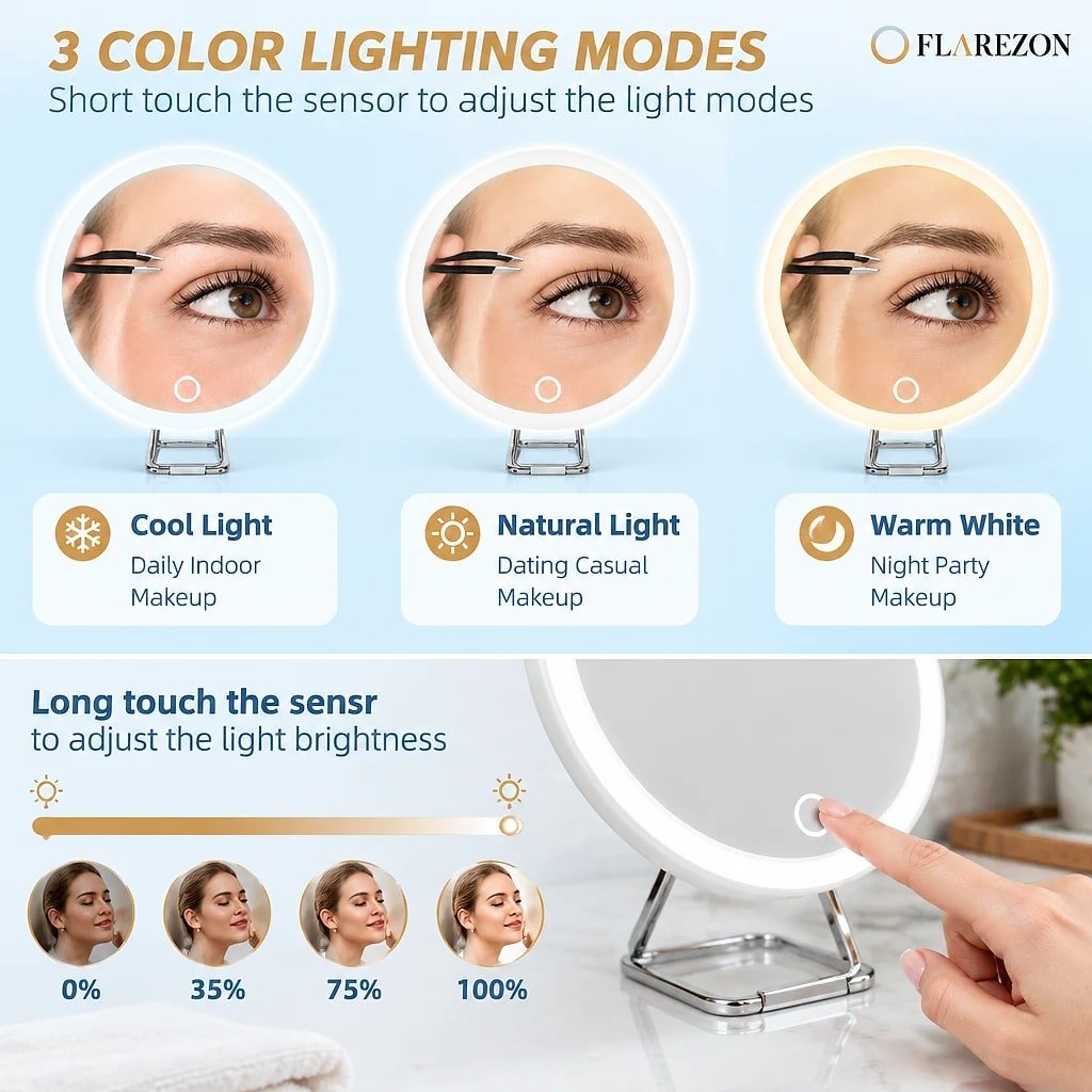 Lumetta mirror with three lighting modes and adjustable brightness